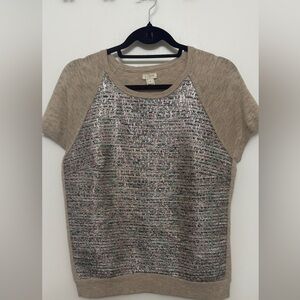 J.CREW Metallic Tweed Front Knit Top Sweater Tan Beige Short Sleeve Women’s S